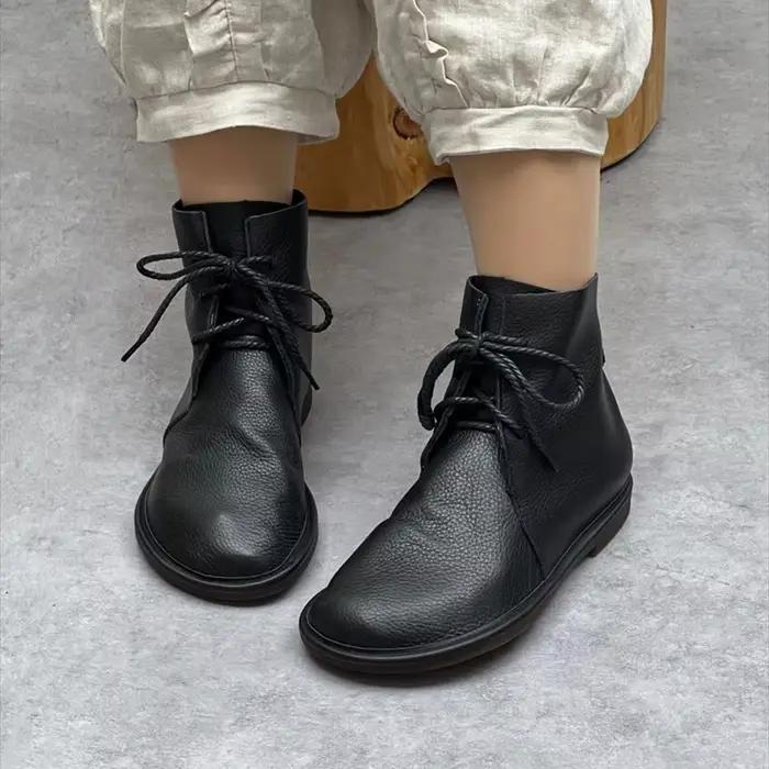 GKTINOORetro – bottes courtes en cuir véritable pour femmes, chaussures décontractées à bout rond, polyvalentes, couleur unie, en cuir de vache souple, à semelle souple, nouvelle collection 2026