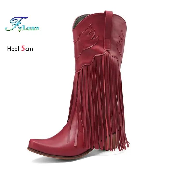 Bottes de Style occidental femmes 5CM talon bloc glands CowBoy chaussures 2025 printemps automne et hiver rétro