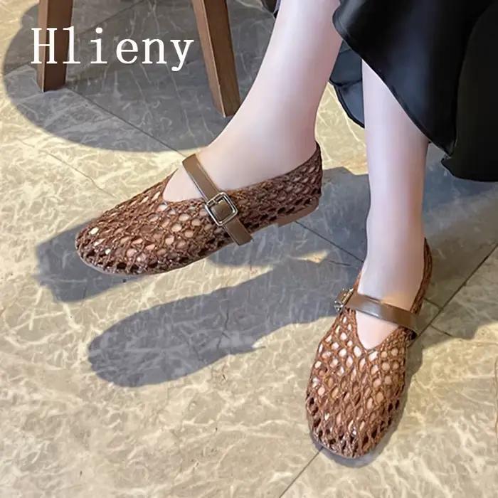 Hlieny été tissage évider maille chaussures plates femmes mode bout rond boucle sangle mocassins dames décontracté Mary Jane chaussure Mules sandale