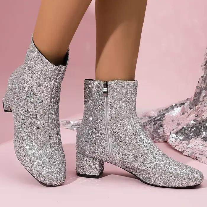 Bottines à paillettes argentées scintillantes pour femmes, bottes courtes à talons mi-épais avec fermeture éclair, bout rond, grande taille