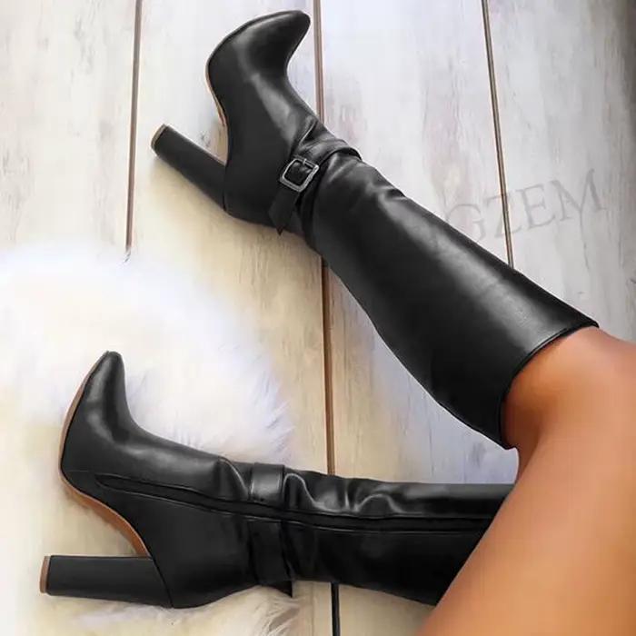 BERZIMER-Bottes hautes en similicuir pour femme, talons épais avec fermeture éclair latérale, grande taille 45 46 52