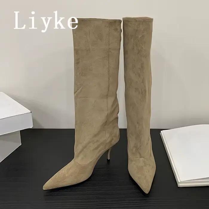 Bottes Liyke en Flock Femme Bout Pointu Talons Fins Étanches Occasions Spéciales Automne Hiver