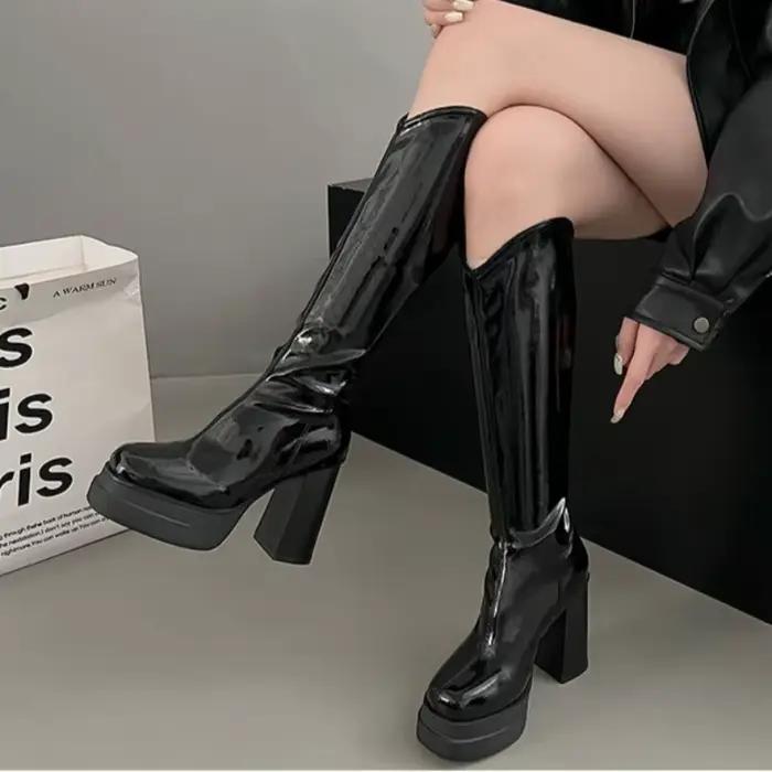 Bottes pour femmes mode confortable noir blanc botte haute en cuir souple talon épais