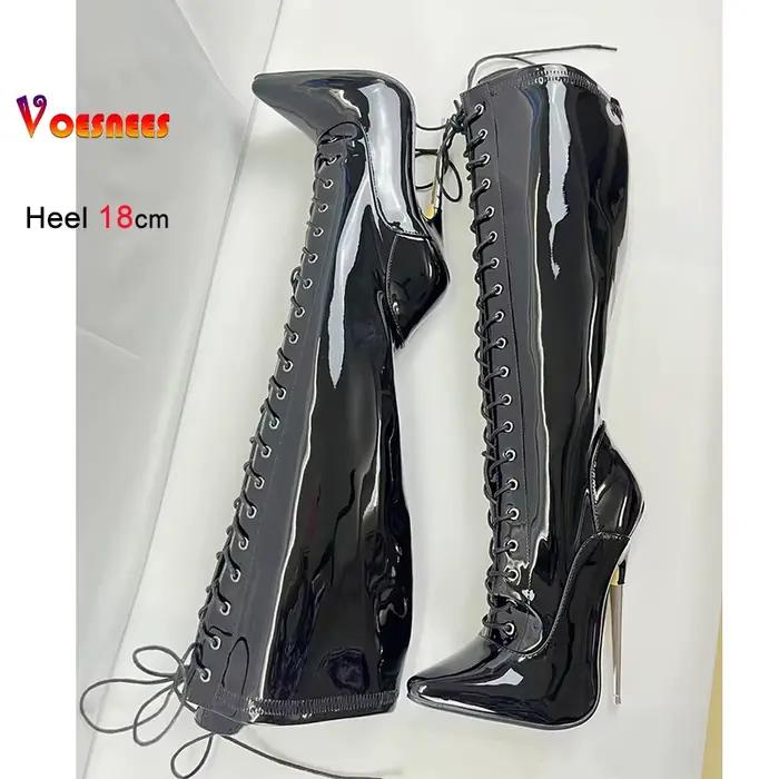 Noir 18 cm talon en métal genou haute femmes bottes boîte de nuit scène bout pointu pôle chaussures de danse en cuir verni dame talons couleur personnalisée