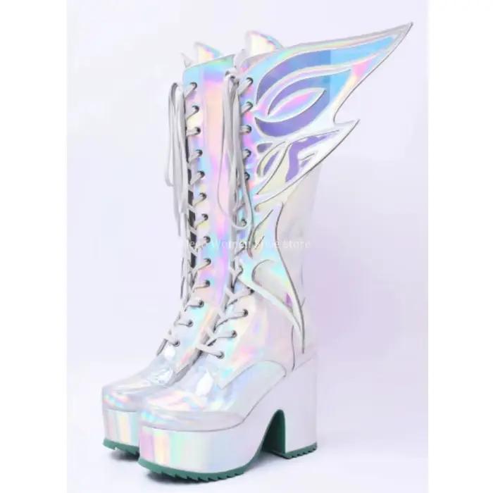 Bottes hautes holographiques à plateforme pour femme, talon épais, lacets, fermeture éclair latérale, bottes longues, chaussures de cosplay et de festival