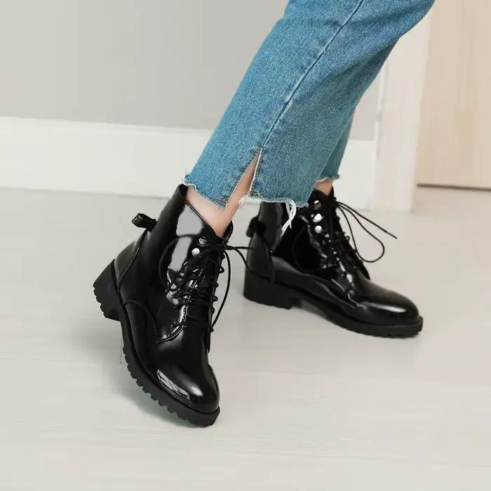 Femmes bottes en cuir verni à lacets bottes de Combat femmes automne hiver chaussures talons bas bottes cheville botas femininas WSH4144
