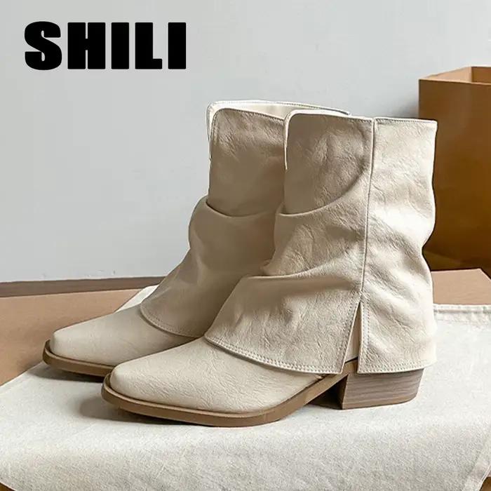 Bottines pour femmes, bottines à talon carré, bout pointu, à enfiler, rétro, en cuir PU, concises et polyvalentes, pour l'automne et l'hiver