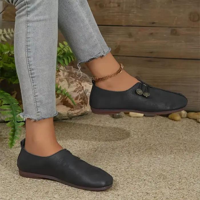 Chaussures plates confortables à semelle souple et bout rond pour femmes, avec boucle décorée, couleur unie, décontractées, respirantes, design à enfiler facile