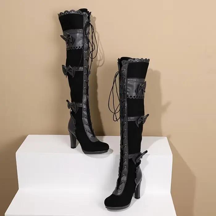 Zapatos De Mujer genou bottes hautes femmes mode Zip croix attaché arc automne hiver fête cuissardes plate-forme chaussures A-0420