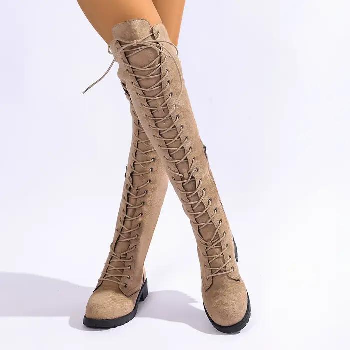 Bottines hautes en velours à bout rond et plat avec boucle talon carré confortables couleur unie pour femme occasions spéciales printemps automne