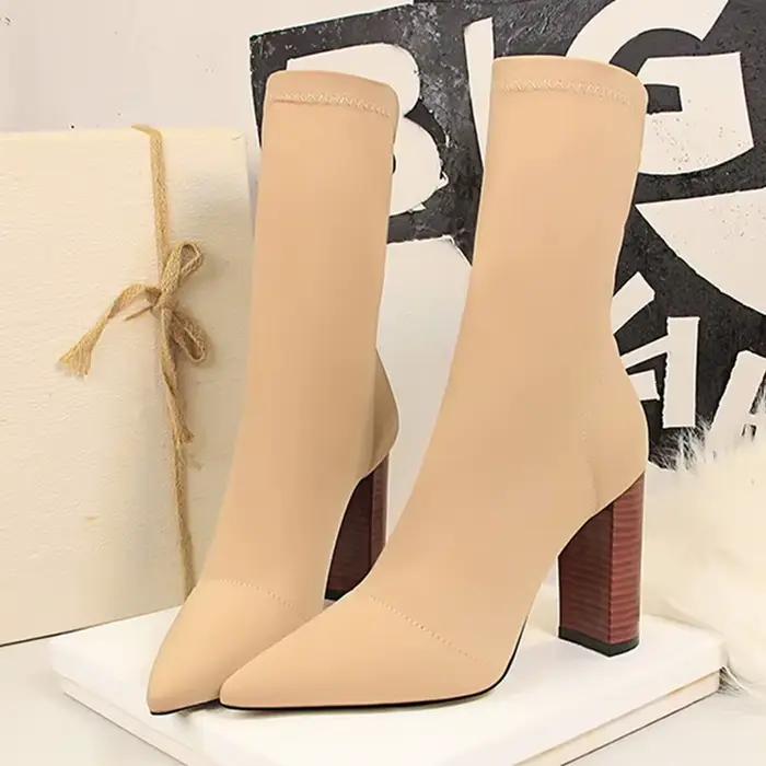 bottines en microfibre avec talons carrés hauts pour femmes, bottes extensibles pour automne printemps, confort et élégance pour soirées et promenades