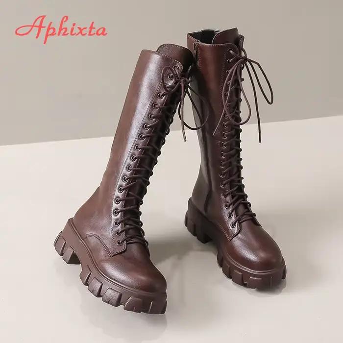 Aphixta 2025 chaussures d'hiver femmes longues bottes hautes marron en cuir PU genou
