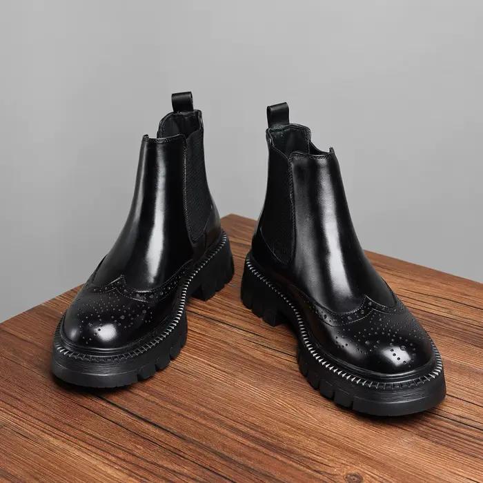 Bottes hautes pour hommes, mocassins à fond épais, motif sculpté, en cuir véritable, Style européen