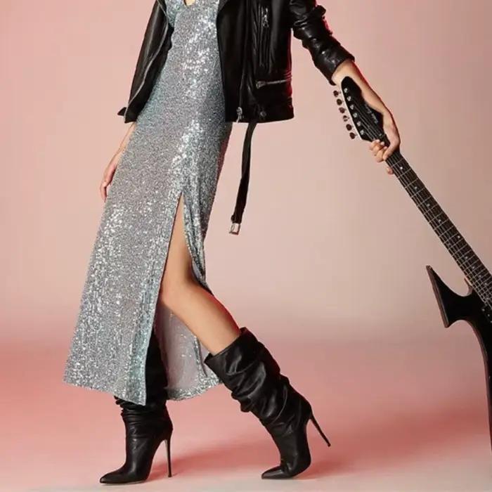 2025 mode bout pointu plissé talon aiguille genou bottes hautes extensible grande taille femmes bottes habillées pour bureau et soirée