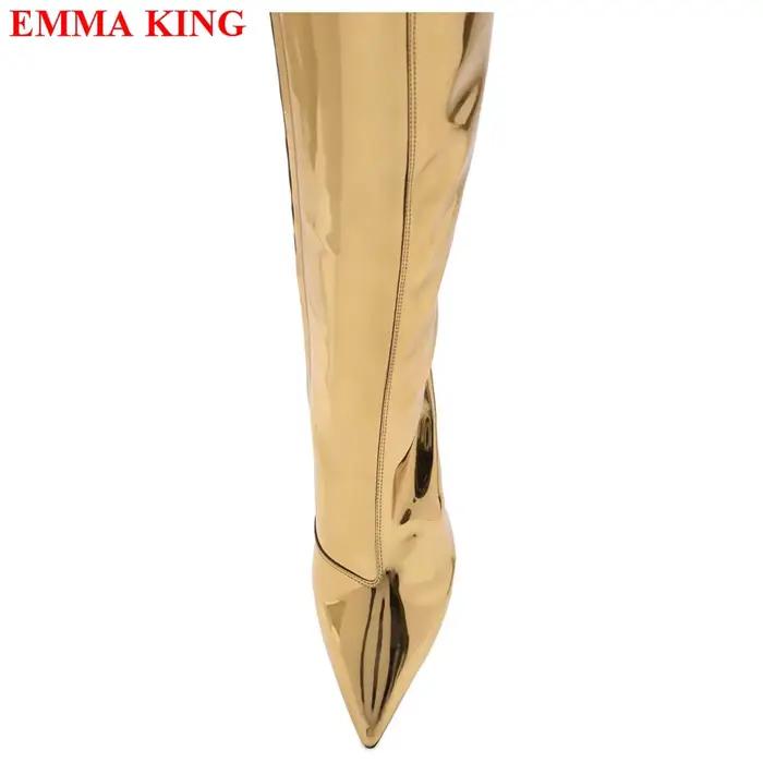 Bottes en cuir verni doré, cuissardes à bout pointu, talons hauts au dessus du genou, bottes de chevalier longues, à la mode