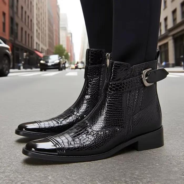 Bottes courtes brillantes à motifs de serpent pour hommes, avec boucle à rivets en métal, bottes courtes de Style de rue tendance et personnalisées