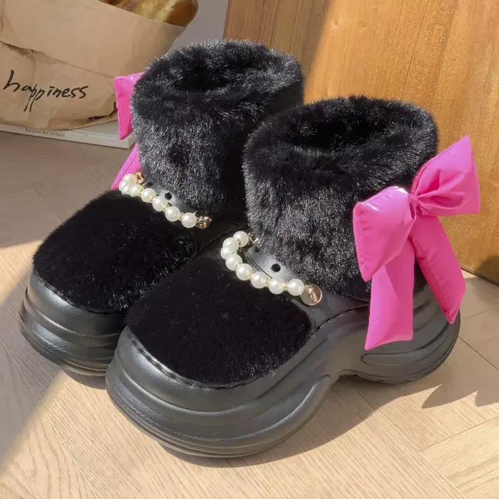 Bottes de neige LORGL en fourrure douce avec grand papillon pour femmes, style coréen, talon plat, bottes chaudes et antidérapantes pour hiver et activités quotidiennes