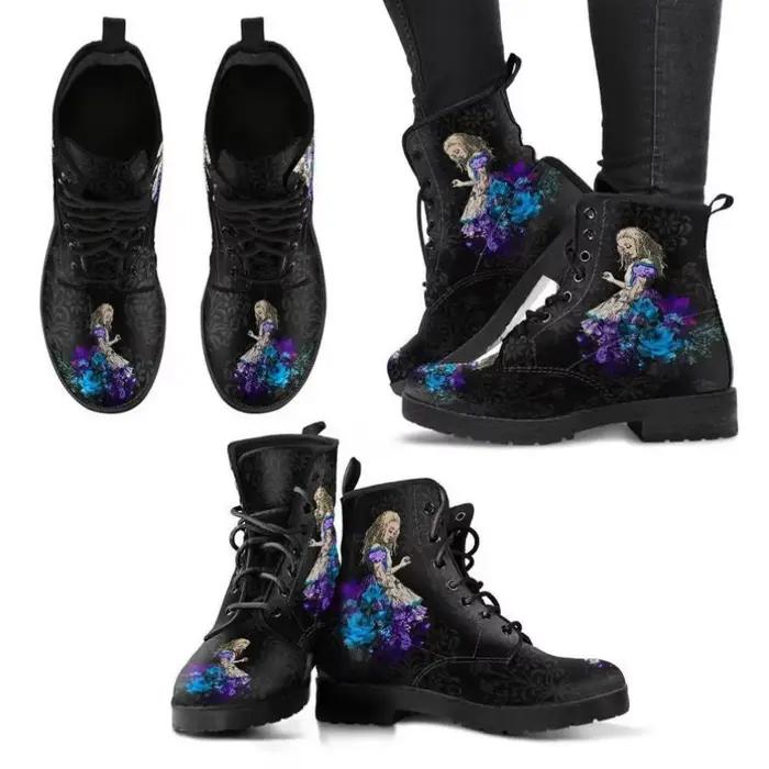 Bottes courtes punk pour femmes imprimées tête de mort et fleur ajustement parfait pour printemps et automne
