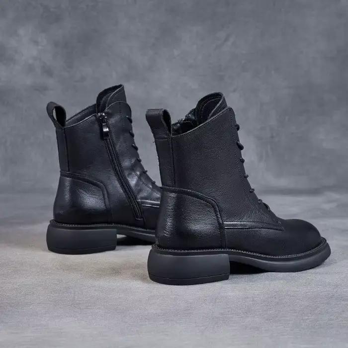 DRKANOL rétro femmes bottes automne hiver bout rond talon plat véritable cuir de vache Style de rue bottines