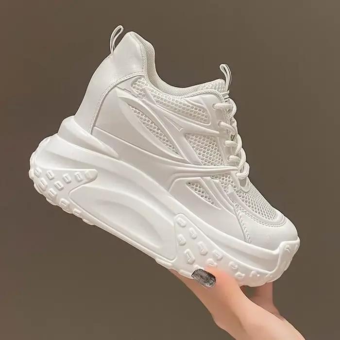 Femmes creux talons hauts 10cm baskets épais décontracté automne printemps plate-forme compensée haute couture respirant femmes été maille chaussures