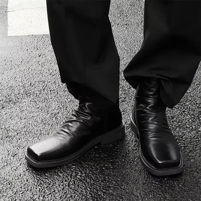 Vente chaude bottes en cuir pour hommes mode bout carré drapé décontracté Chelsea botte britannique haut de gamme Cool