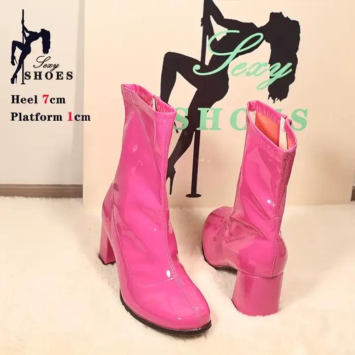 Bottes courtes à talons hauts pour femmes, bottes de rinçage à talon carré, Parker rond, fermeture éclair, grande taille 46, olympiques des années 60 et 70, Retro1960s, 7cm