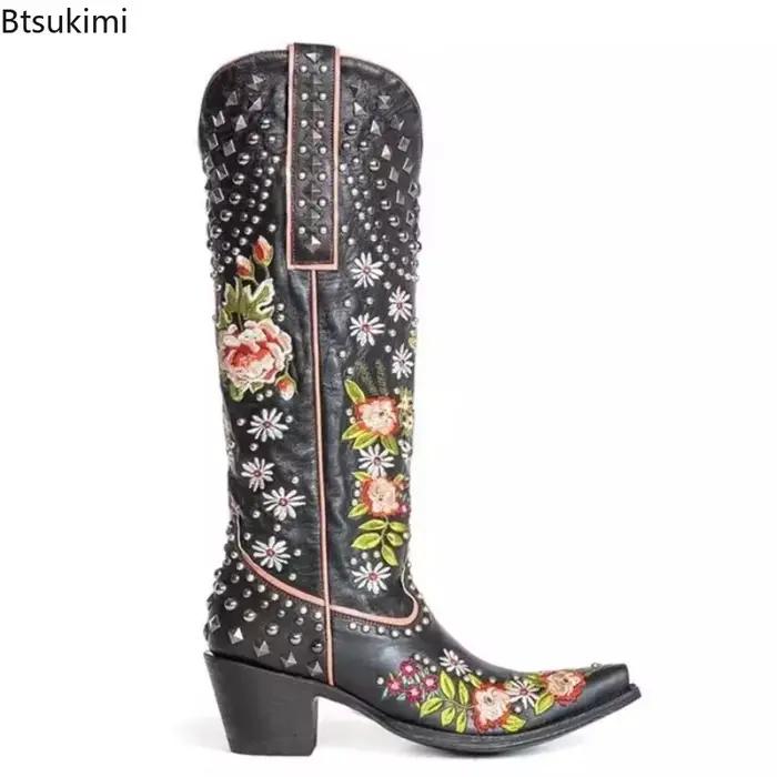 Nouvelles Bottes Western Brodées à Rivets pour Femme 2026 – Bout Pointu, Talons Carrés, Style Vintage Chevalier, Bottes de Cowgirl, Chaussures pour Femme
