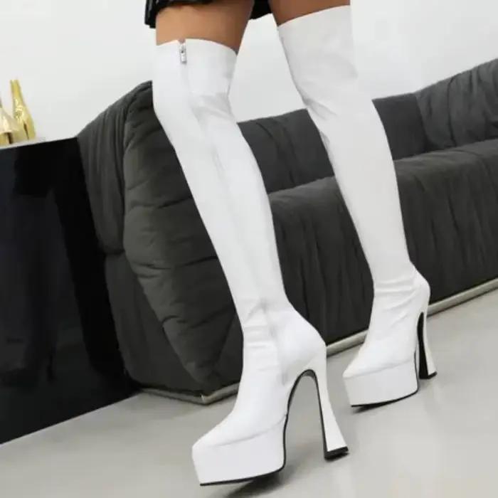Bottes au-dessus du genou en cuir laqué pour femmes, fermeture éclair latérale, plate-forme imperméable, modèle de course, bottes à talons hauts de 2025 cm, 34-48, 14.5