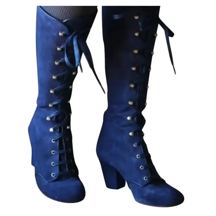 Bottes noires vintage rétro pour femmes haute qualité à lacets talons moyens pour hiver et occasions spéciales