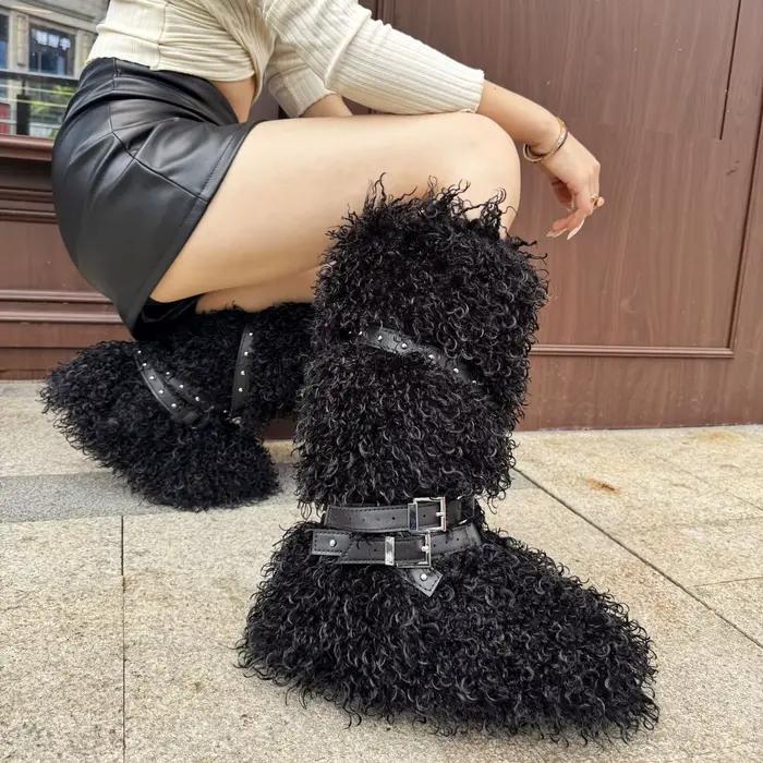 Bottes hautes en fausse fourrure de mouton pour l'hiver, style Y2K Goth, bottes hautes pour femmes, bottes longues chaudes tendance Hiphop Hotgirl