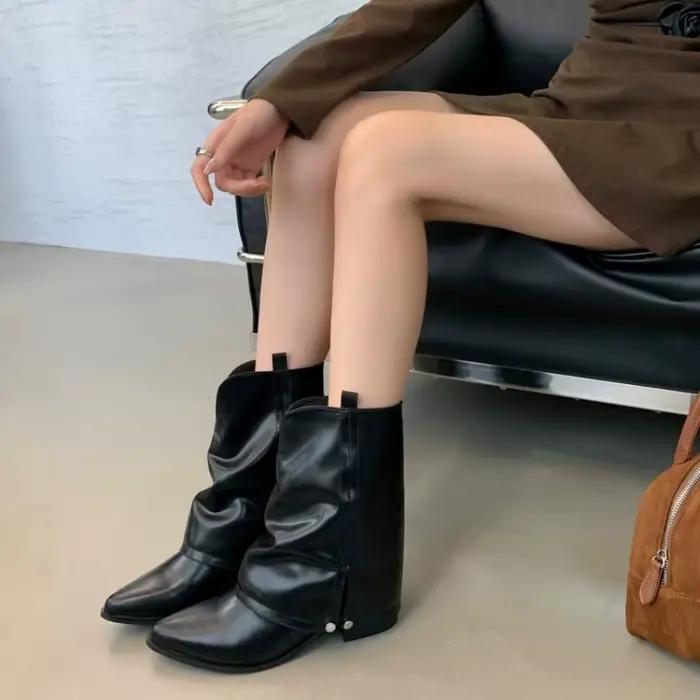 ​ ​ 2025 nouvelles bottes de cowboy occidentales pour femmes-mollet mi-mollet bout pointu talon épais