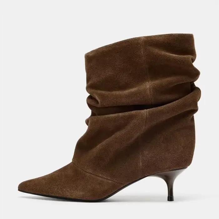 Bottines plissées en daim de vache pour femmes