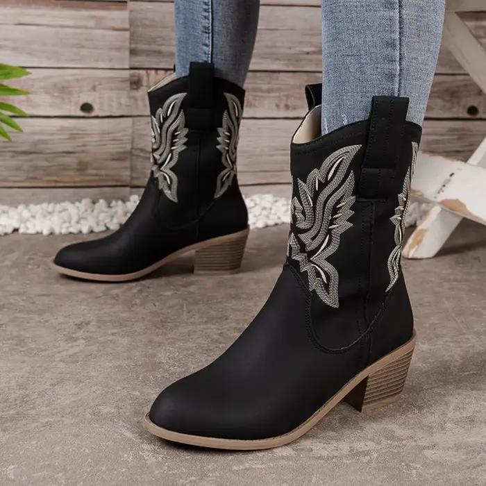 Chaussures pour femmes, nouvelles bottes de cow-boy brodées, bottes à bout pointu et talon épais pour femmes, bottes hautes pour l'automne, Botas De Mujer
