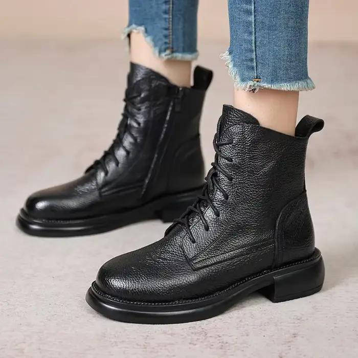 Printemps dame bottines véritable cuir de vache plate-forme chaussures pour femmes hiver jeunes filles semelle souple talon épais chevalier bottes de neige