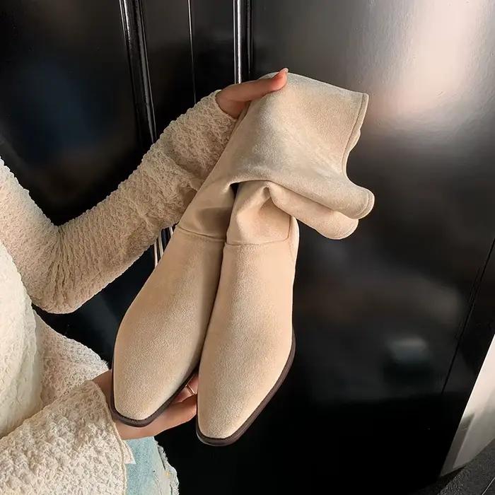 Bottes en nubuck MKKHOU style de rue hautes au genou talon bas pour femmes élégantes et confortables toutes saisons
