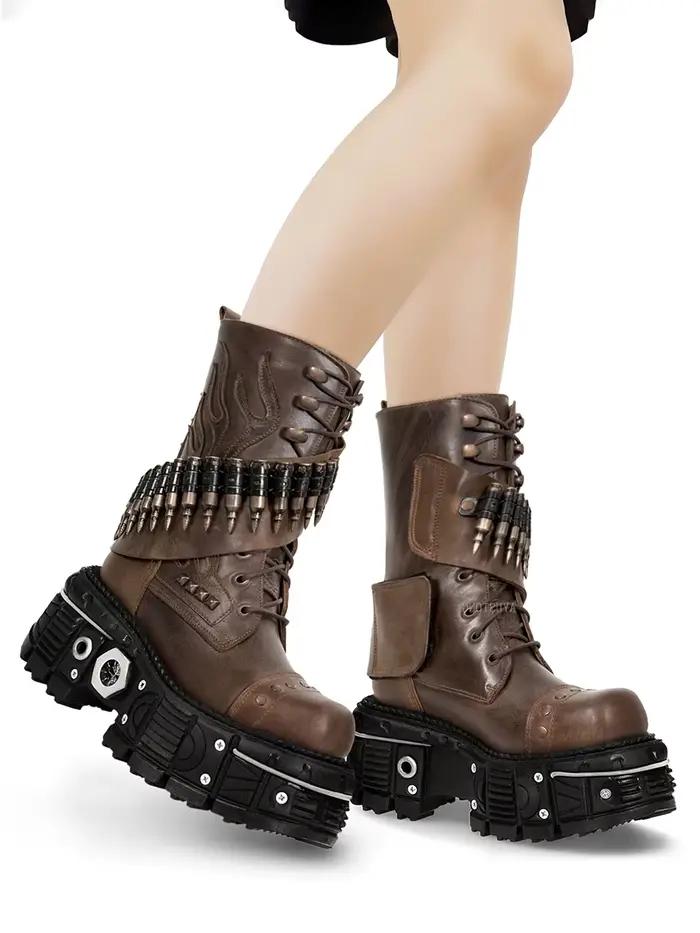 2025 Nouvelle plate-forme rivet balle forme moto bottes bout rond mode 35-45 bottes de fête décontractées street rock punk bottes à lacets
