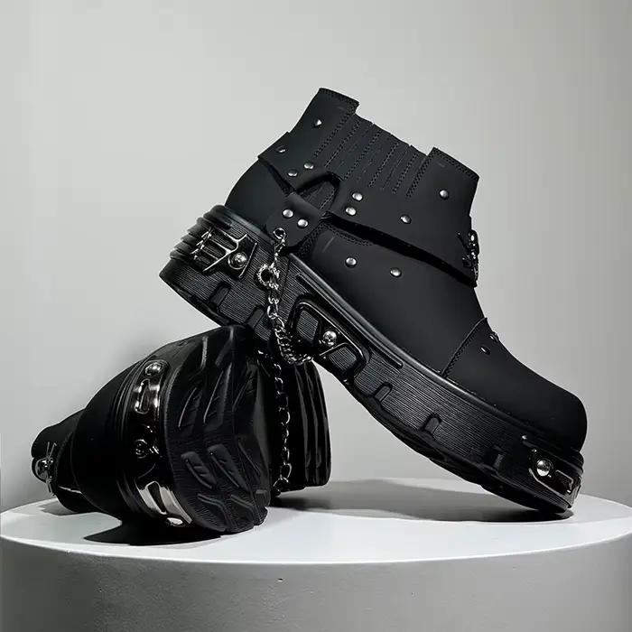 Nouvelles Bottes Noires Homme Style Rock Punk Métal Patchwork – Chaussures Décontractées Tendance à Talon Rehaussant et Coupe Basse