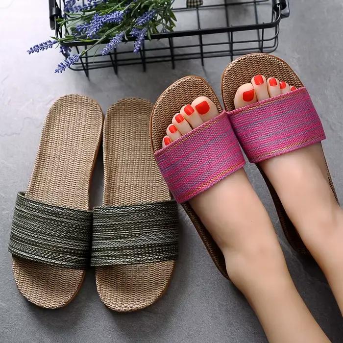 Pantoufles en lin pour femmes, chaussures d'été pour amoureux d'intérieur, antidérapantes, chaussures de sol épaisses pour hommes, sandales d'été en coton et lin