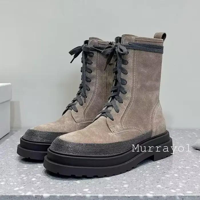 Bout rond en cuir véritable à lacets plat fond épais cheville Botas femmes chaîne perle décor bottes courtes automne bottes de moto