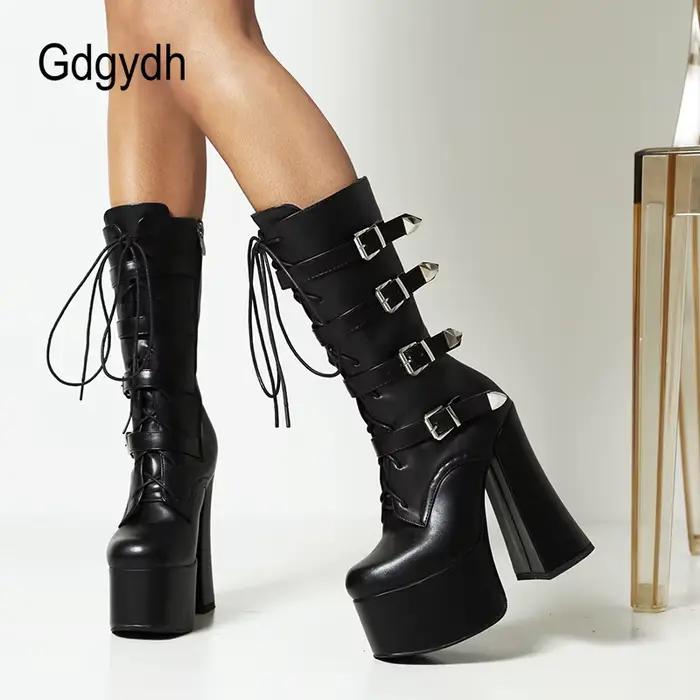 Gdgydh bottes longues noires à lacets avec boucle et talon épais