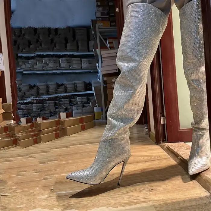 Bottes cuissardes argentées entièrement ornées de diamants, brillantes, au-dessus du genou, sexy, à bout pointu, talon fin 12cm/9cm, modèle tendance, nouvelle collection automne, tailles 34-43