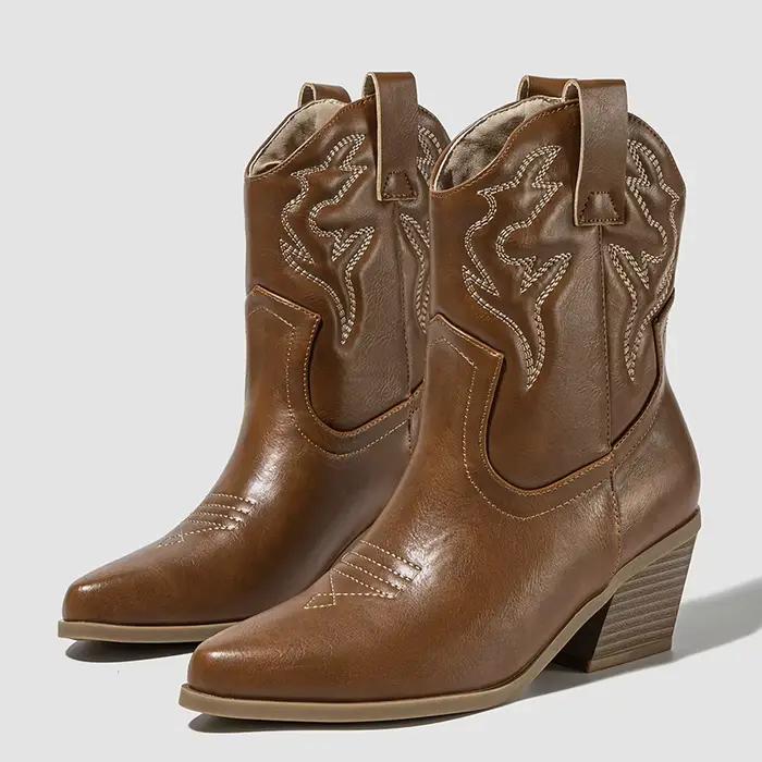 Aneikeh automne hiver Vintage brodé grandes bottes de Cowboy occidentales nouveau Style talon grossier pointu cheville baril chevalier bottes