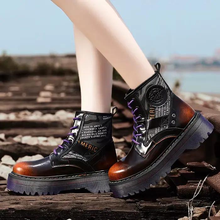 Bottines chaudes en cuir véritable punk hiver talons carrés cheville plateforme femme occasions spéciales