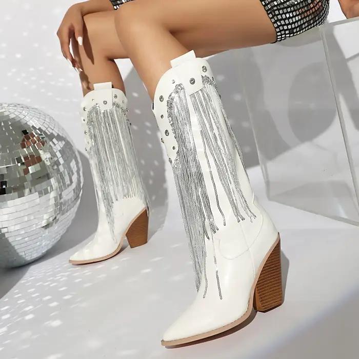 Bottes de cowboy pointues pour femmes, RiSALE Tassel High, Wide Calf Over the Knee Boots, Western Boots, Chunky High Heels for Women mn