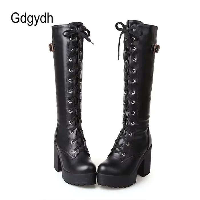 Gdgydh offre spéciale printemps automne laçage genou bottes hautes femmes mode blanc talon carré femme chaussures en cuir hiver PU grande taille 43