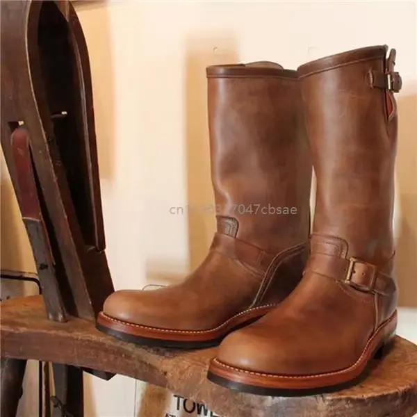 Bottes de cowboy rétro pour homme, style western, médiévales, mi-mollet, en cuir PU, avec boucle, pour la moto, tendance