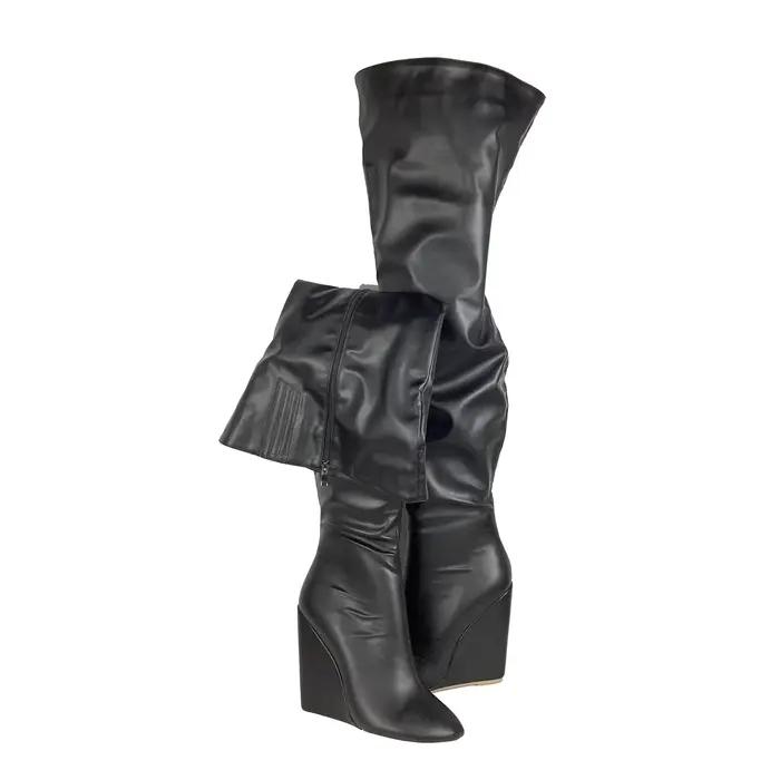 Bottes noires au-dessus du genou pour femmes, bottes hautes à talon compensé avec fermeture éclair intégrale, bottes longues d'hiver
