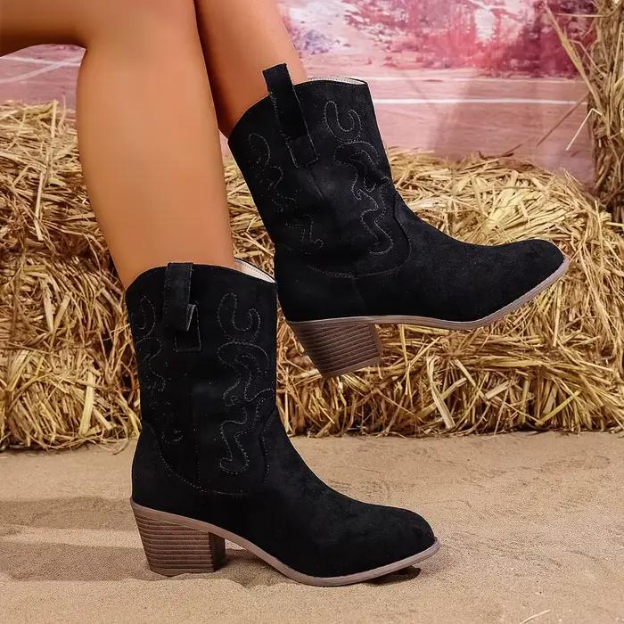 Rose Rose suédette broderie botte occidentale femme bout pointu talon épais chaussons courts Cowgirl dame automne Slip-on mi-mollet Botas