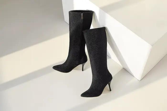 Bottes en tissu pailleté scintillantes pour femmes, élégantes bottes mi-hautes à talons fins pour hiver, occasions spéciales et sorties nocturnes