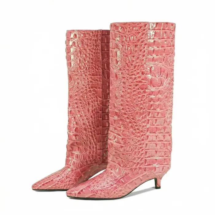 Bottes hautes tendance pour femmes, style urbain, talon chaton, motif crocodile bicolore, printemps-autom